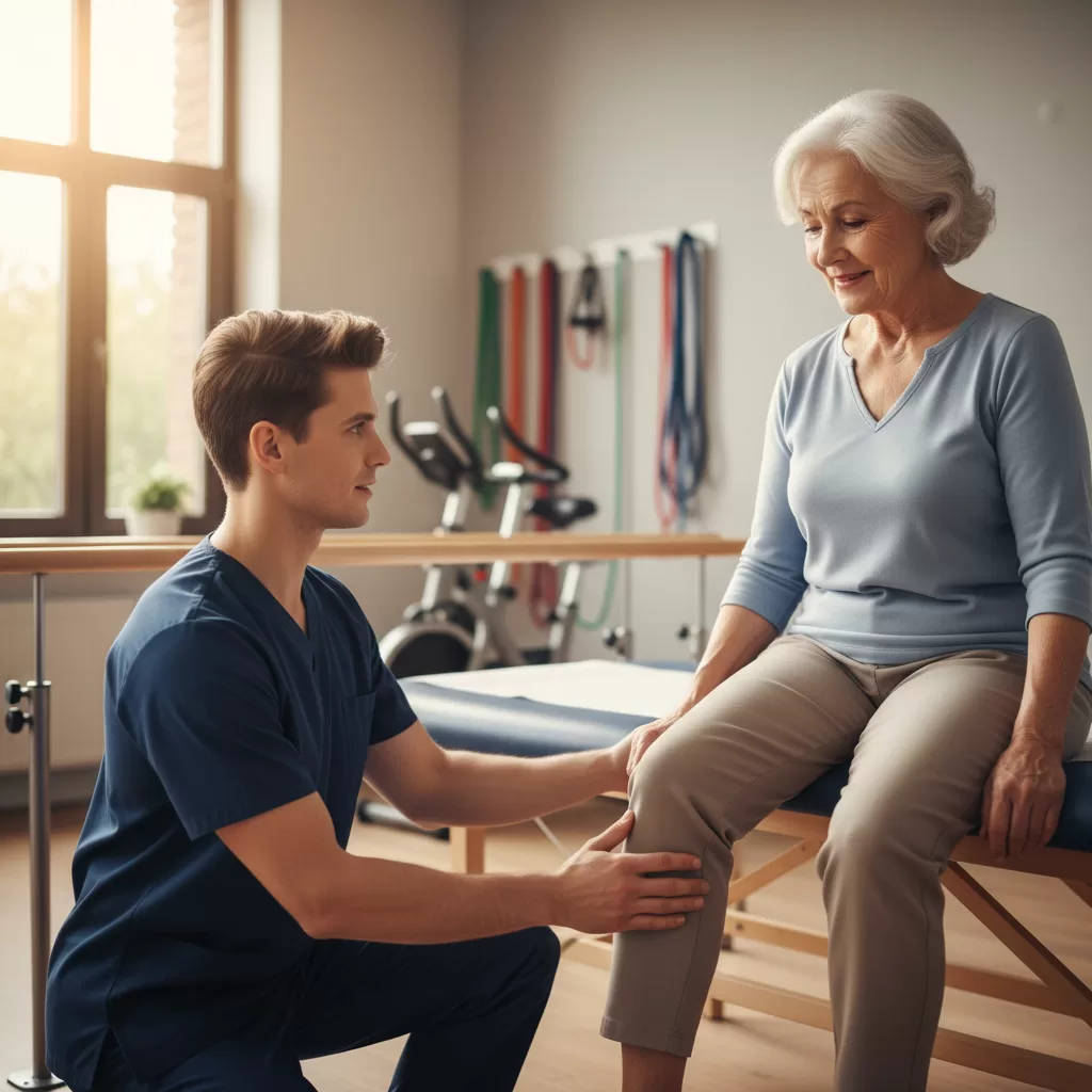Physical therapist guiding elderly patient through knee exercise in bright outpatient clinic