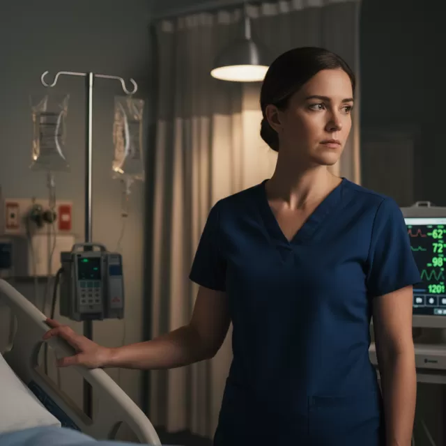 Nurse standing thoughtfully at patient bedside reviewing monitor during evening shift in hospital room