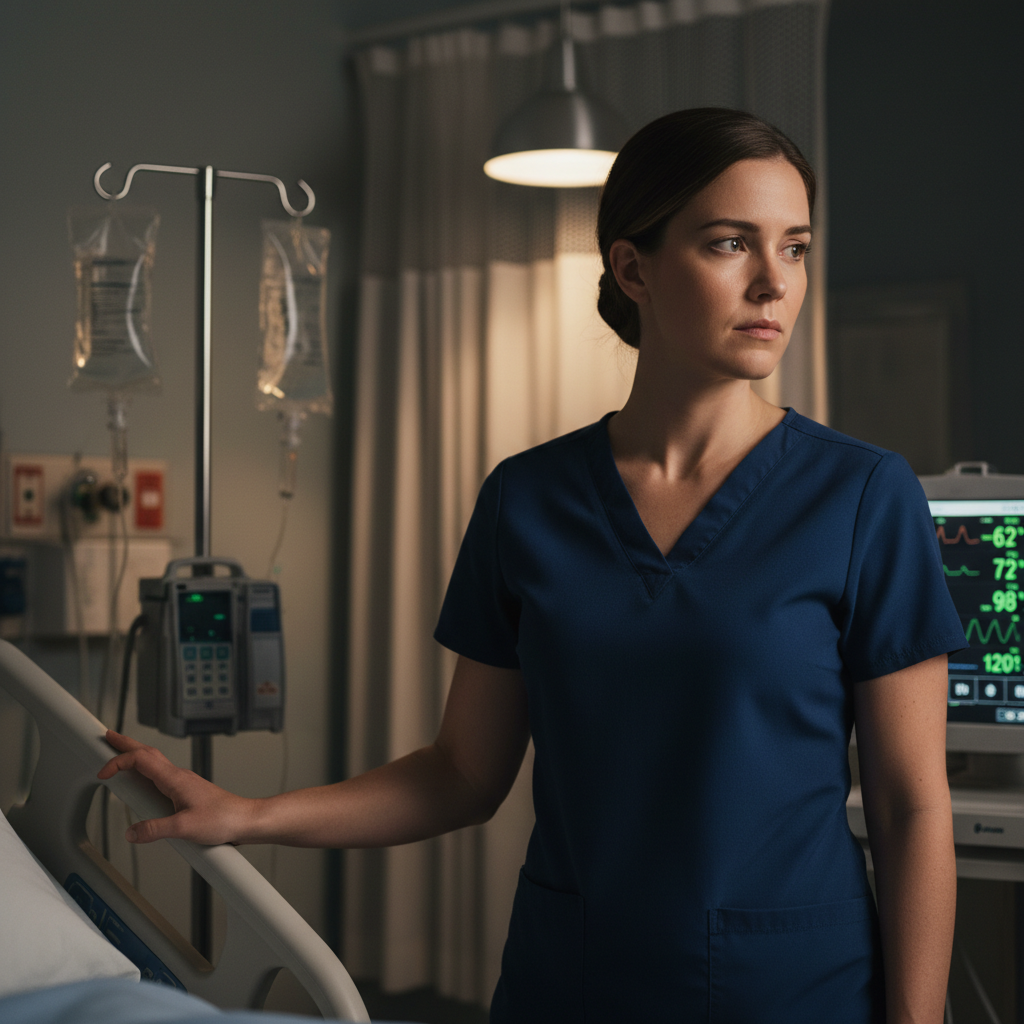 Nurse standing thoughtfully at patient bedside reviewing monitor during evening shift in hospital room